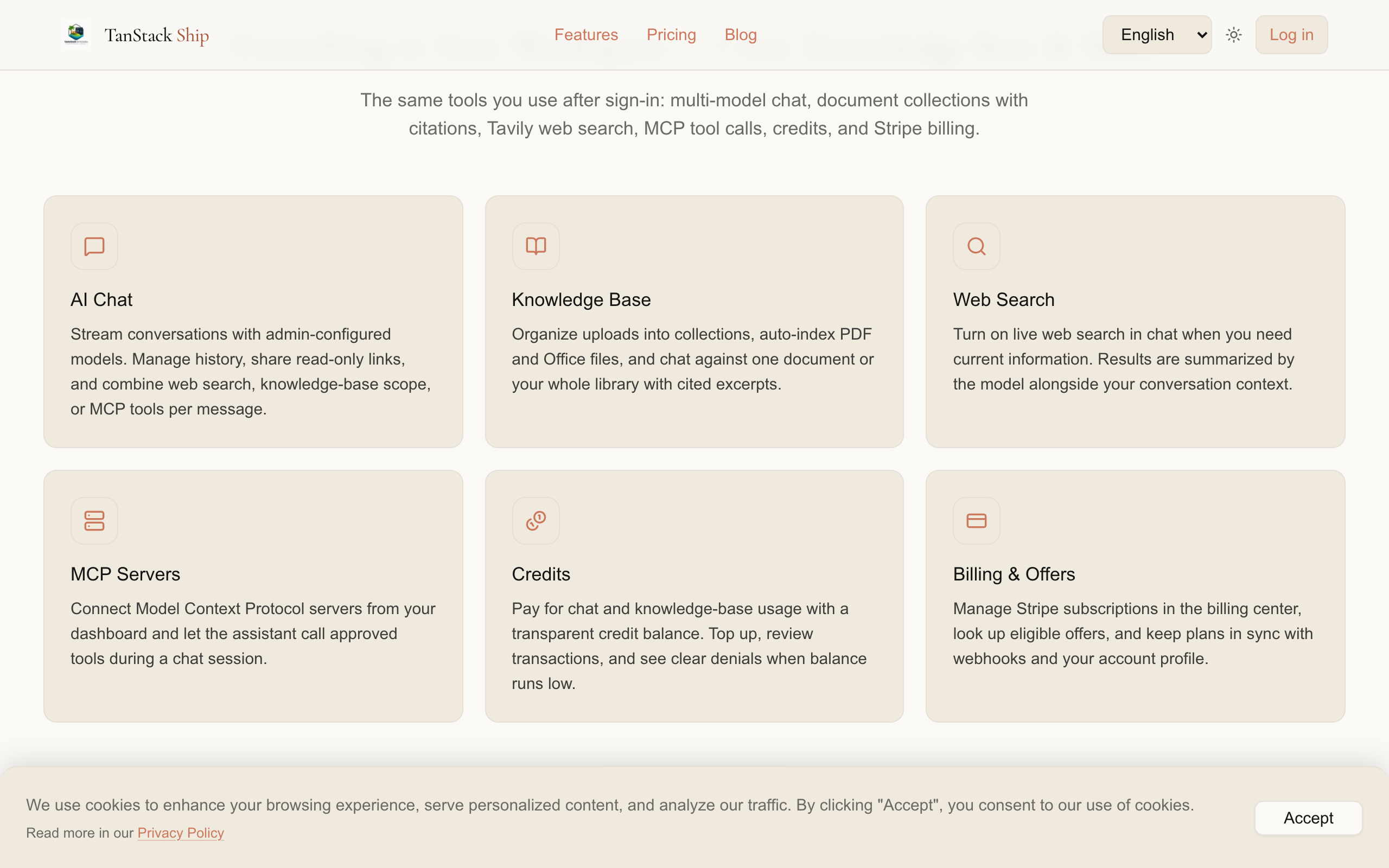 AI Workspace features section with chat, knowledge base, and MCP