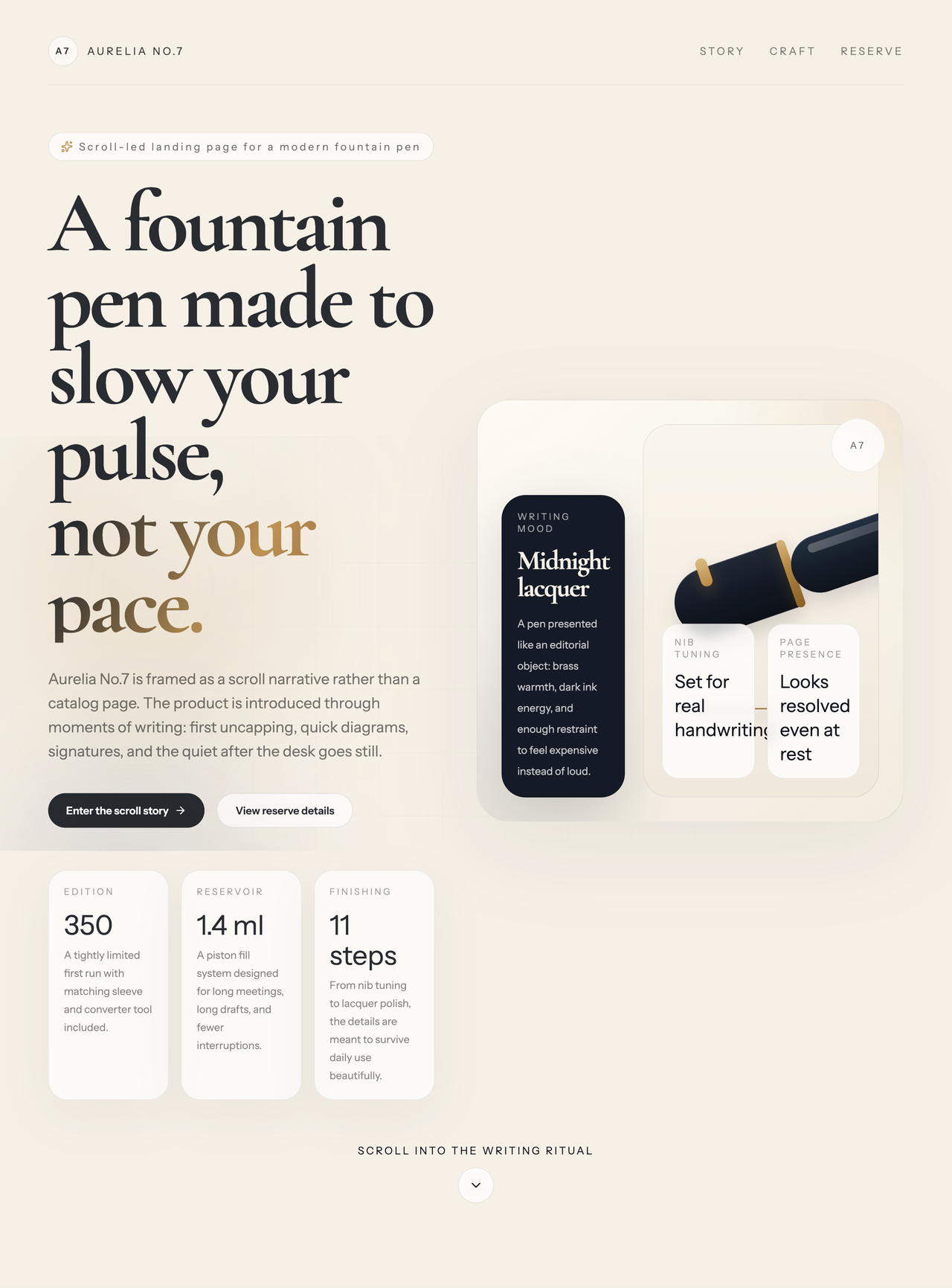 Aurelia No.7 landing page hero with editorial fountain pen presentation