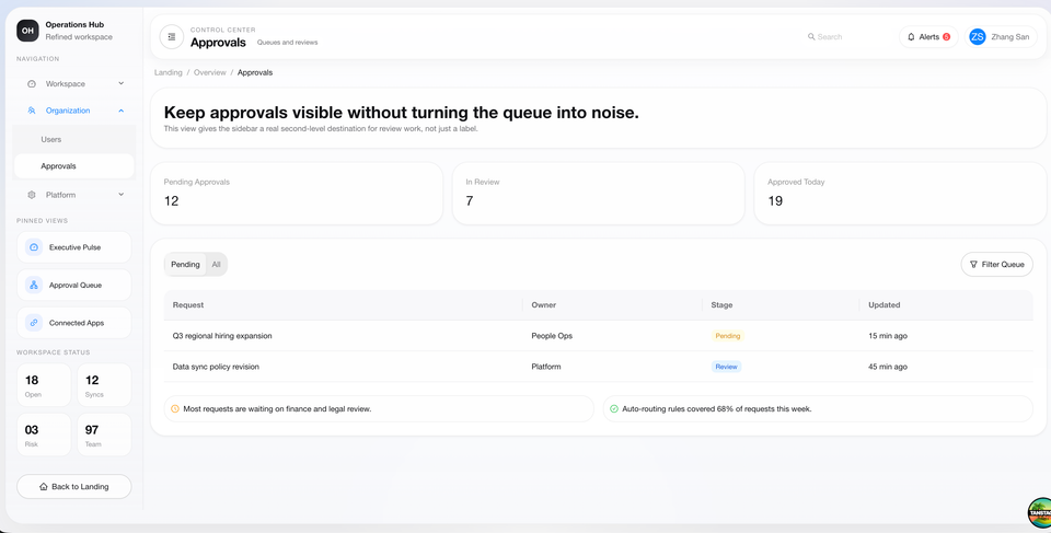 Dashboard 01 approvals screen